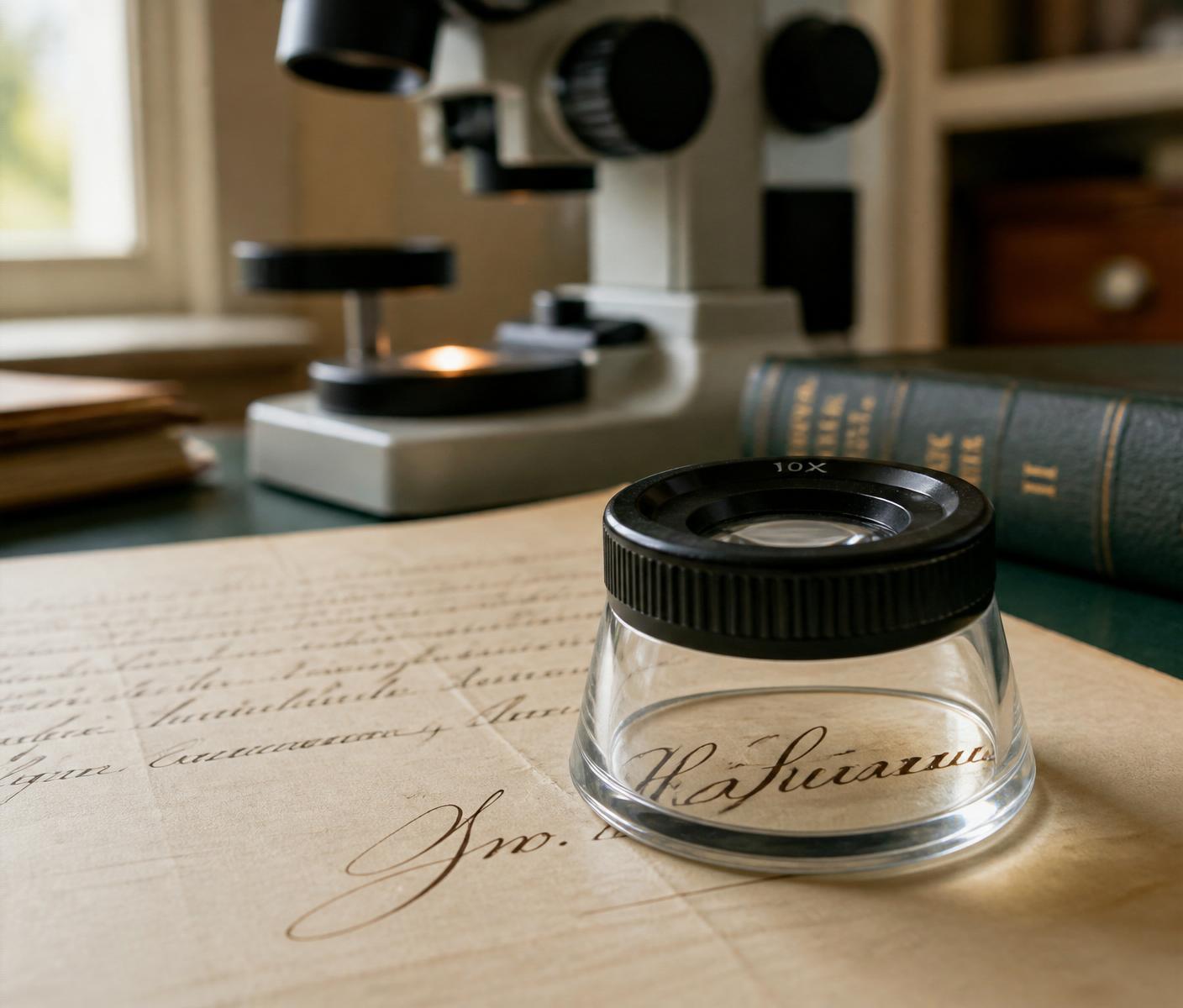 A magnifying loupe resting on a handwritten document beside a stereo microscope